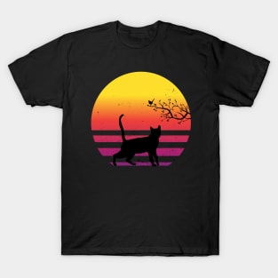 Cute Cat Watching Bird On Tree Vintage Retro Sunset T-Shirt